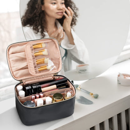 Makeup Bag, Portable Cosmetic Bag, Large Capacity Travel Makeup Case Organizer, Black for Women Toiletry Bag for Girls Traveling with Handle and Divider