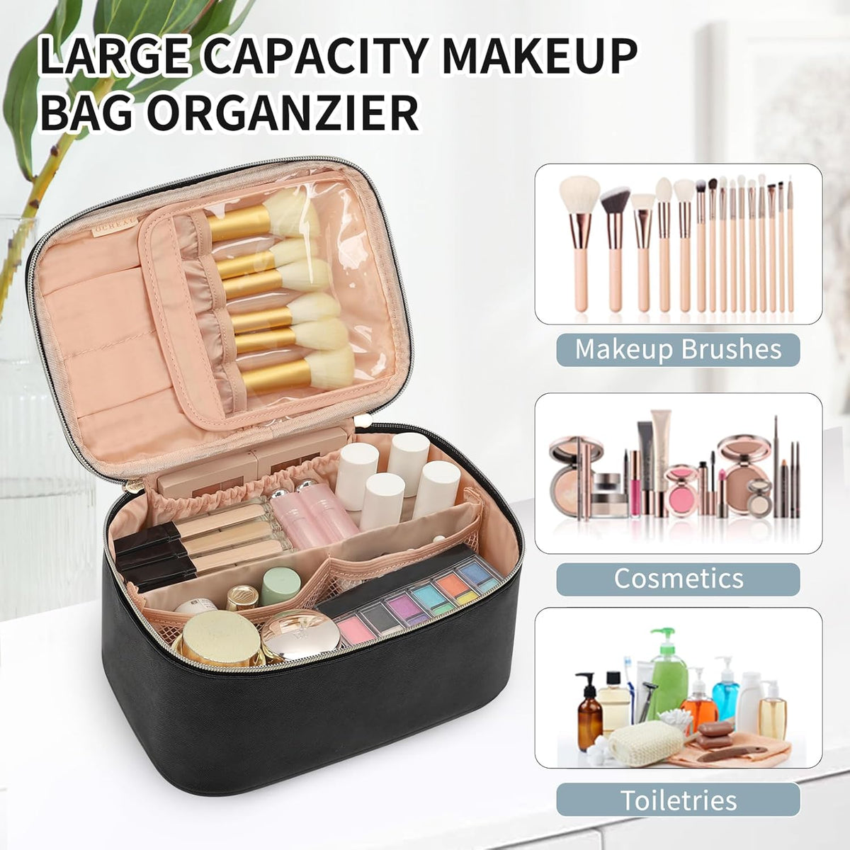 Makeup Bag, Portable Cosmetic Bag, Large Capacity Travel Makeup Case Organizer, Black for Women Toiletry Bag for Girls Traveling with Handle and Divider