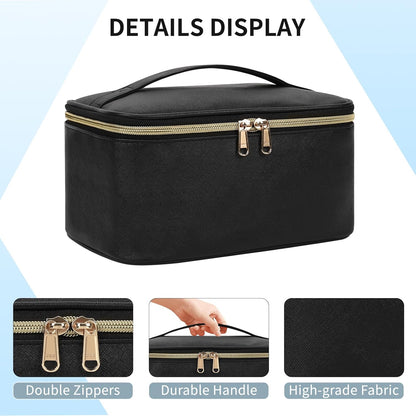 Makeup Bag, Portable Cosmetic Bag, Large Capacity Travel Makeup Case Organizer, Black for Women Toiletry Bag for Girls Traveling with Handle and Divider