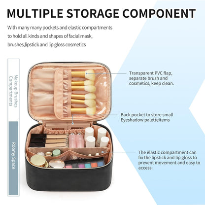 Makeup Bag, Portable Cosmetic Bag, Large Capacity Travel Makeup Case Organizer, Black for Women Toiletry Bag for Girls Traveling with Handle and Divider