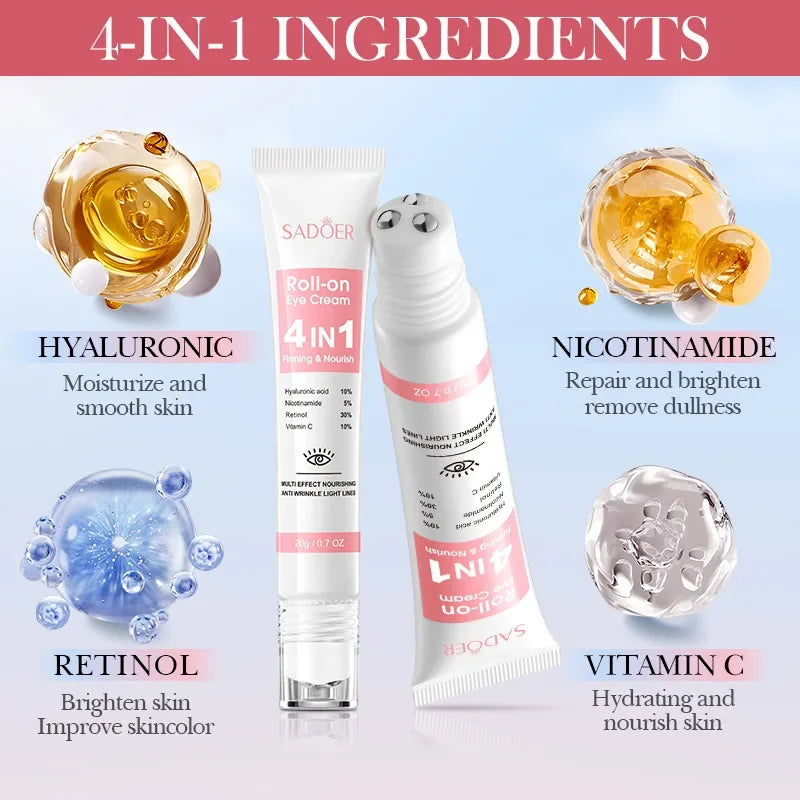 SADOER 4In1 Roll-On Moisturizing Eye Cream anti Dark Circles Eyes Bags Firming Moisturizing Eye Serum Skin Care for Beauty Eyes