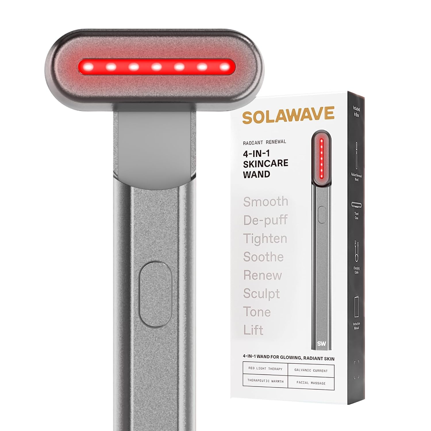 4-In-1 Red Light Therapy Wand for Face & Neck (Charcoal) | Fda-Cleared for Face Wrinkles. Red Light Therapy, Galvanic Current, Warmth & Massage Work Together for Firmer, Glowing Skin.