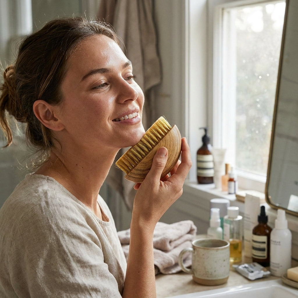Woman using BeHers Lymphatic Contour Sculpting Brush on jawline