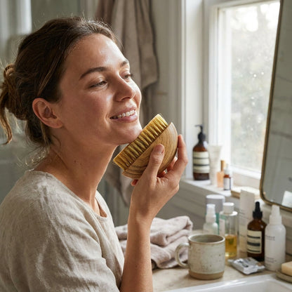 Woman using BeHers Lymphatic Contour Sculpting Brush on jawline